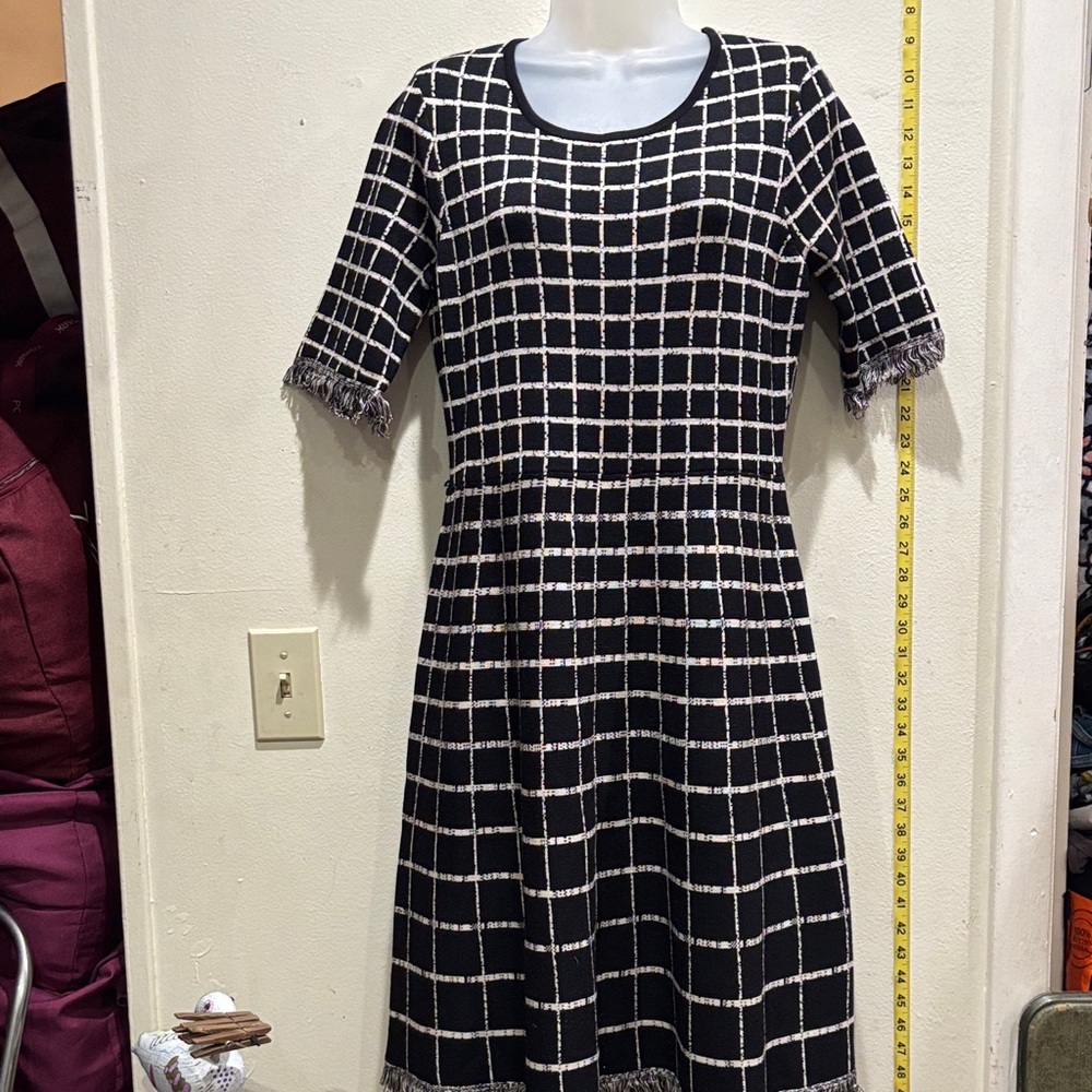 Nina Leonard Black and White Grid Long Sleeve Dress